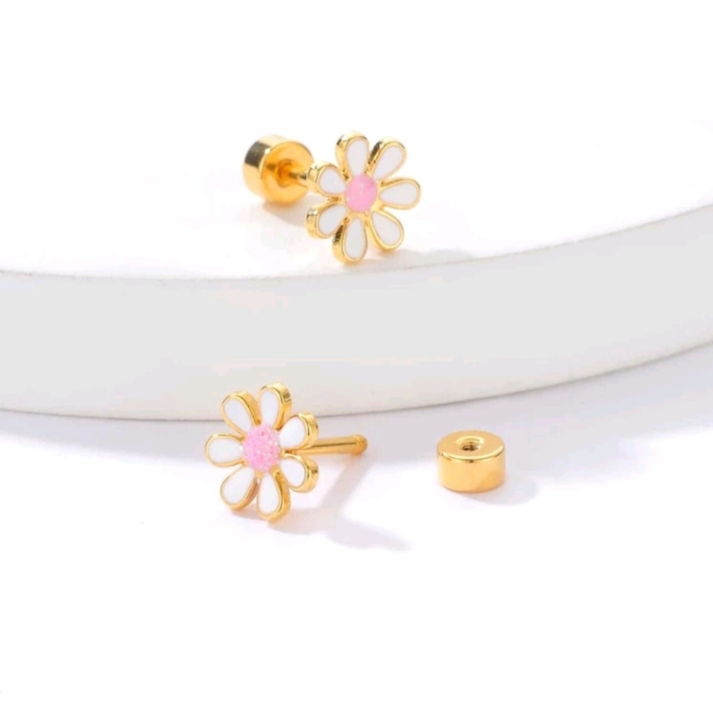 18K Gold Plated Flower Decor Stud Earrings For Girl's